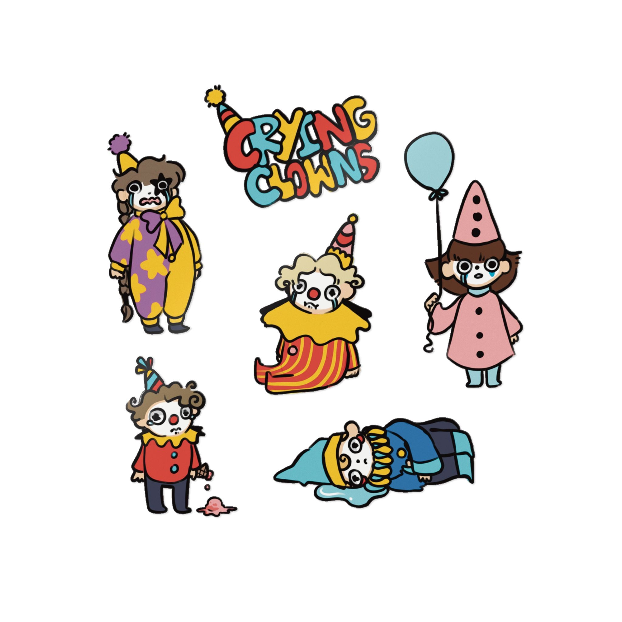 Crying Clowns Die-Cut Sticker — Cute Colorful Sad Clowns