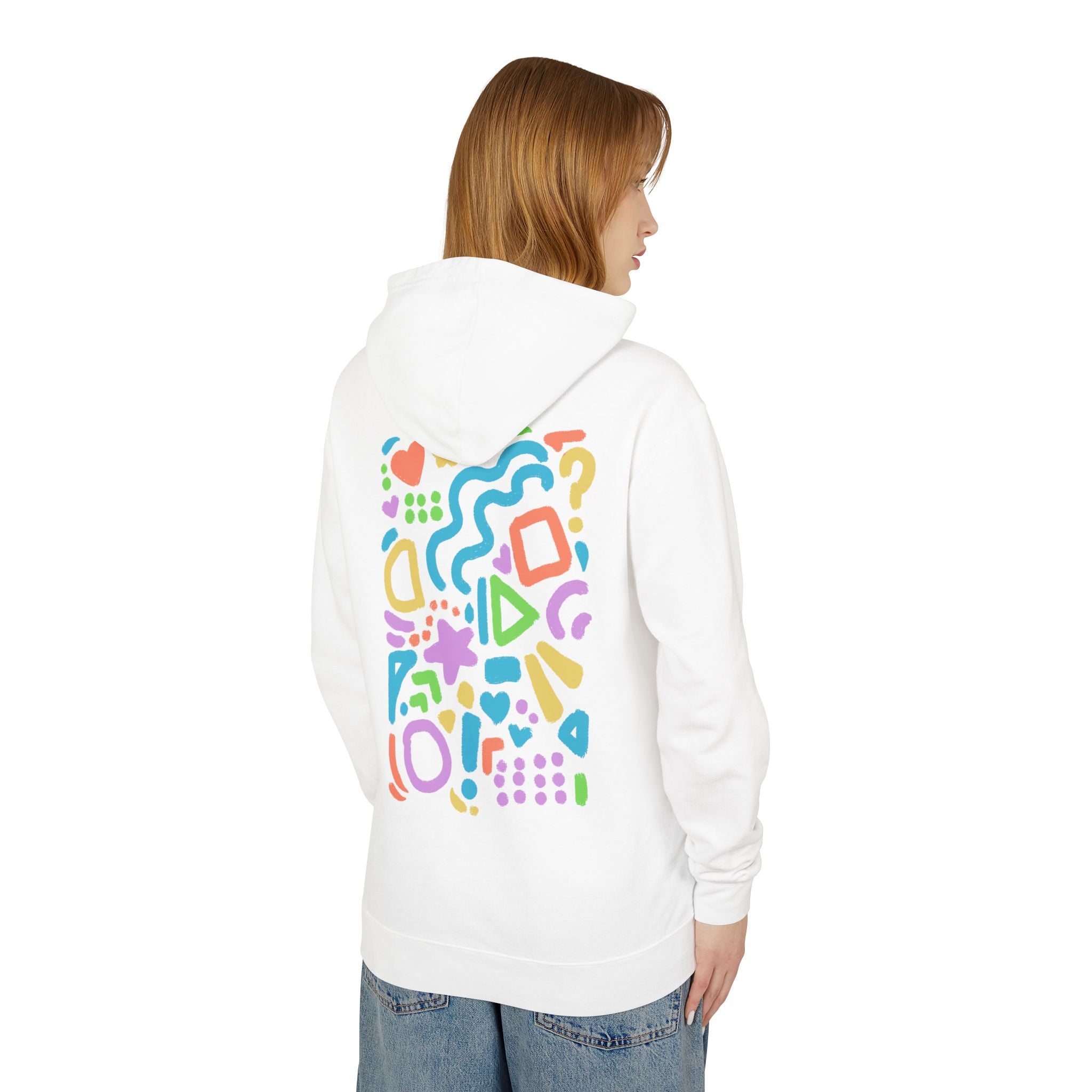 Happy Abstract Shapes Hoodie — Colorful Fun Back Design
