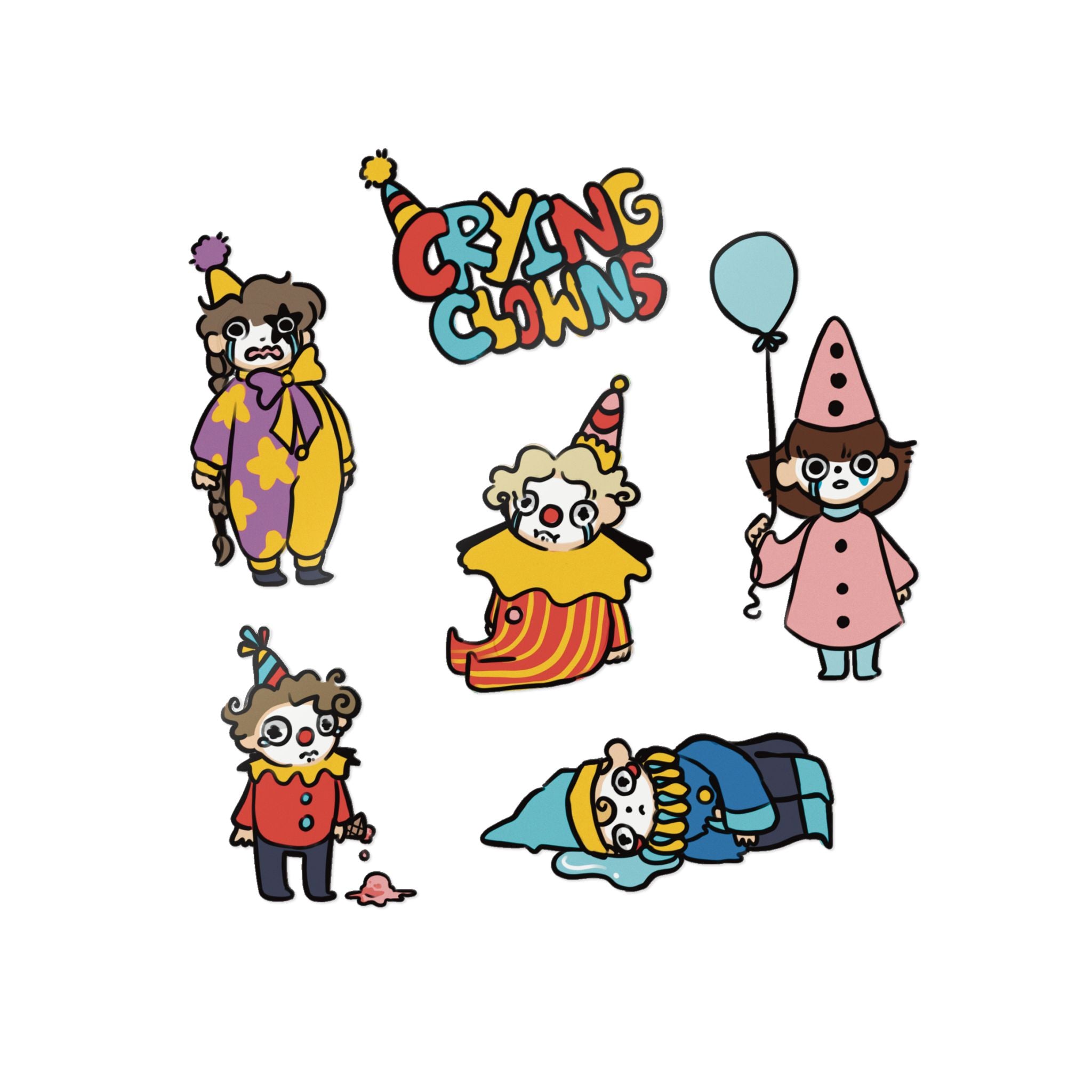 Crying Clowns Die-Cut Sticker — Cute Colorful Sad Clowns