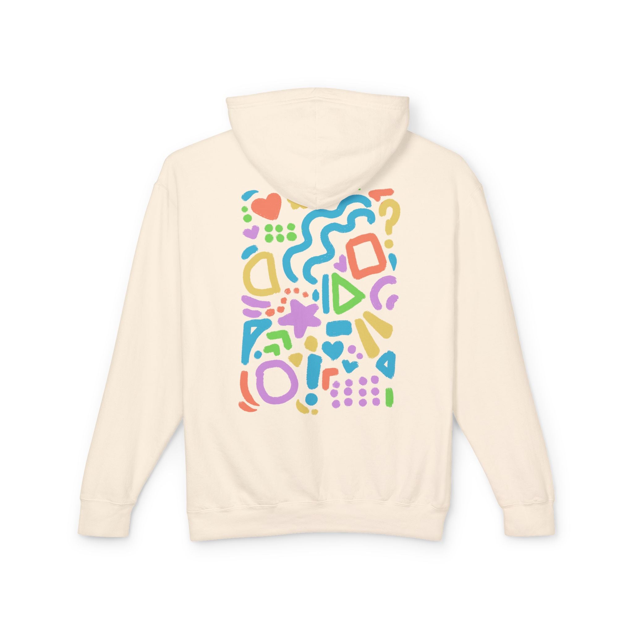 Happy Abstract Shapes Hoodie — Colorful Fun Back Design