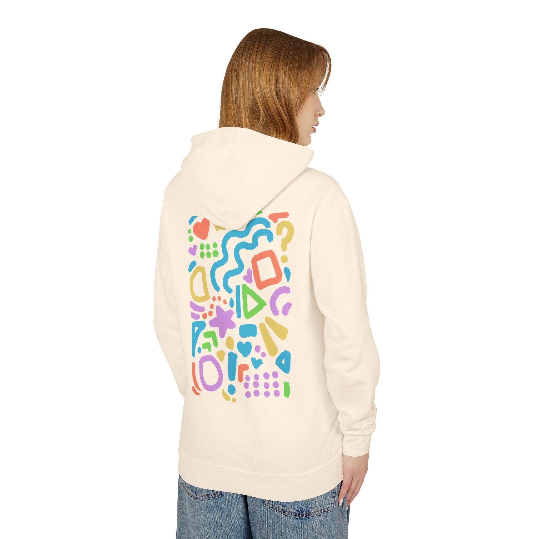 Happy Abstract Shapes Hoodie — Colorful Fun Back Design